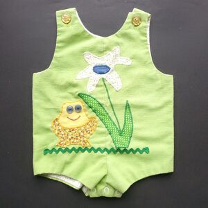 Vintage 70s Baby Romper 9m ? Green Shortall The Pond Frog Flower Applique